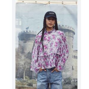 Ganni Blouse Georgette Pleated Mauve Chalk in Pink Floral